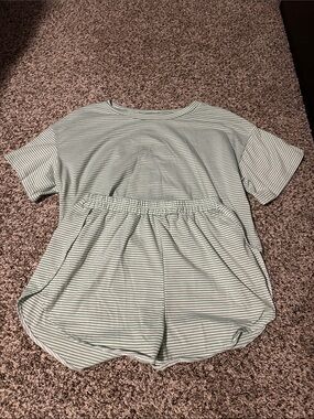 Striped Short Sleeve Lounge Set - Mint and White